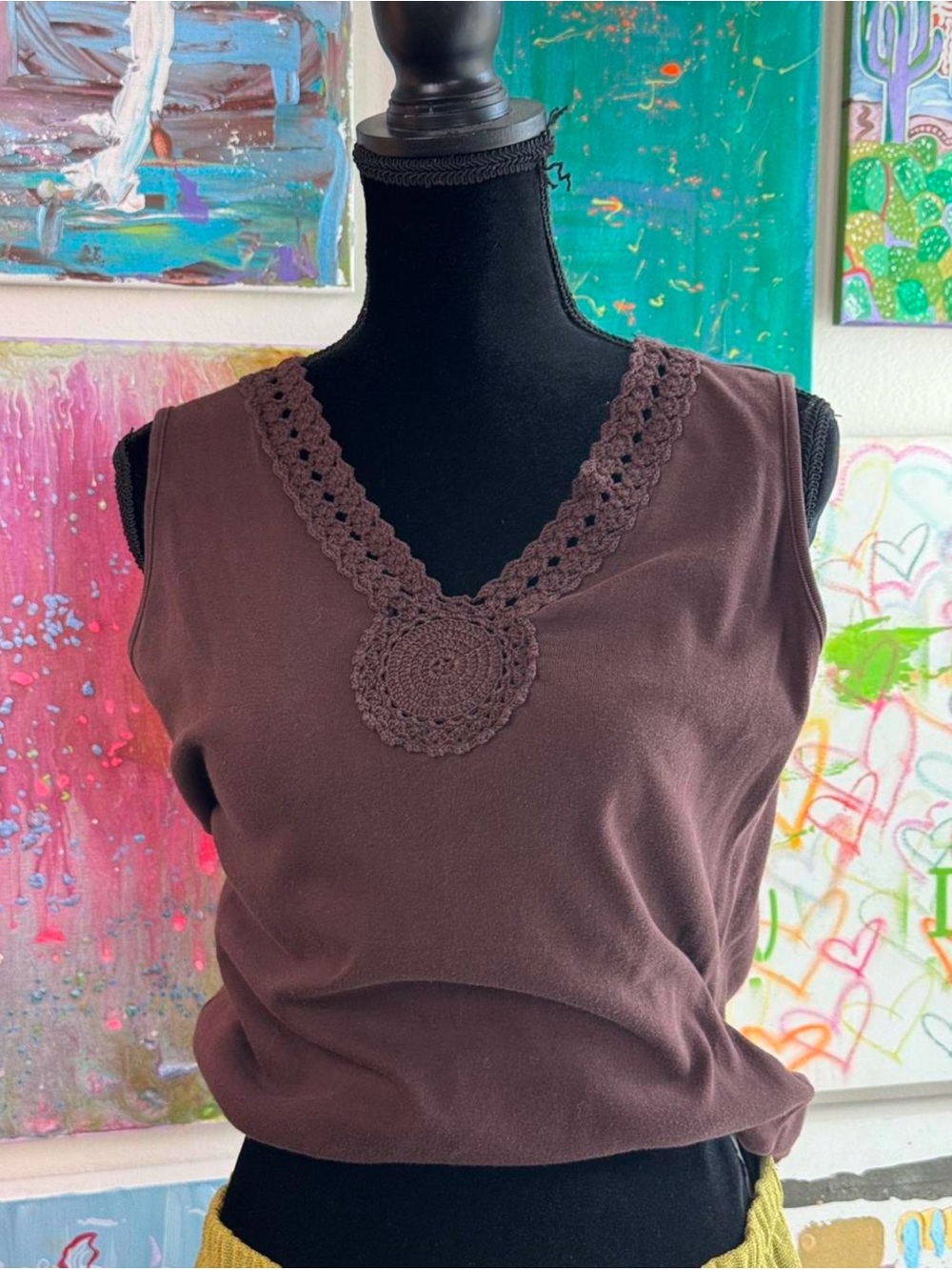 Sleeveless Crochet-Trim Brown Tank Top